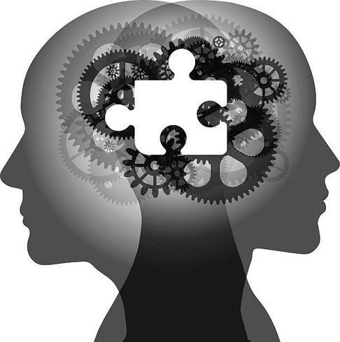 Alt-text: An image showing two silhouettes of heads facing away from each other and merging into one another from behind, and in the shared space within the overlapping skulls are a number of interlocking gears plus the cutout shape of a missing puzzle piece